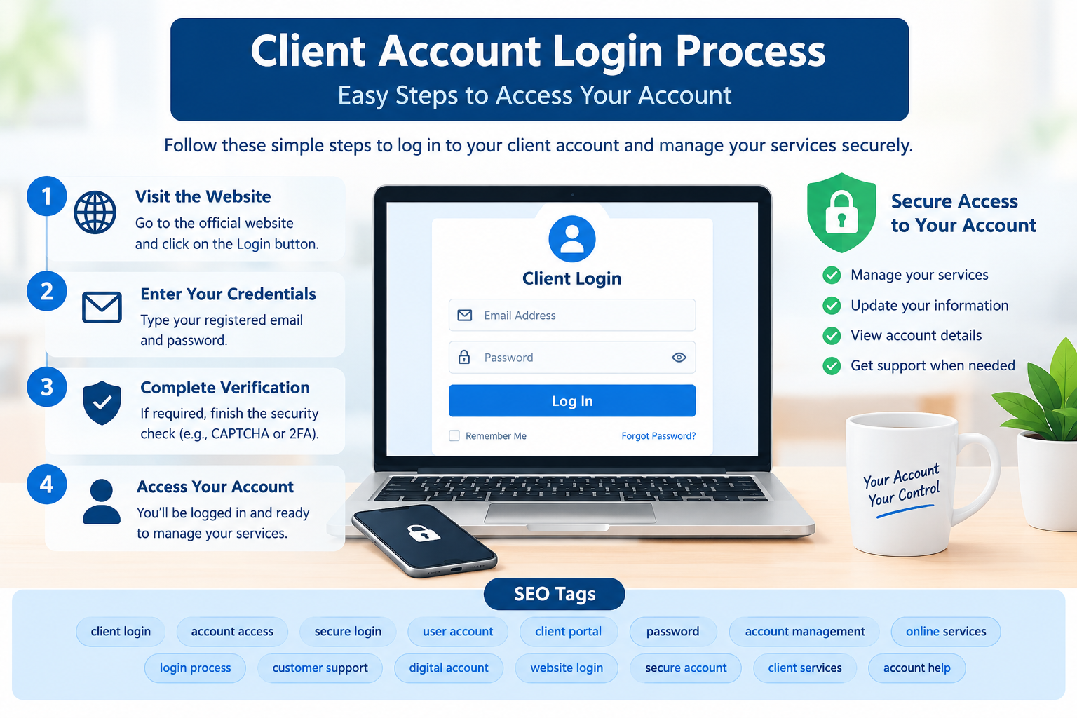 Client account login process with secure access steps and account management guidance